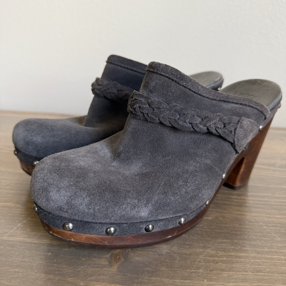 Ugg Womens 8 Grey Suede Kaylee Slip On Clogs Studs Wood Platform Heels